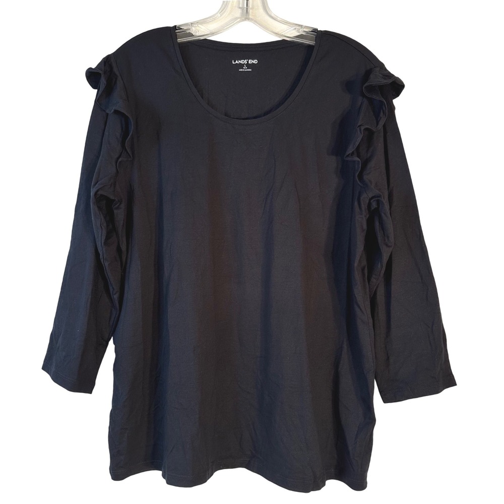 Lands End Black Ruffle Shoulder 3/4 Sleeve Scoop Neck Top Large 14-16